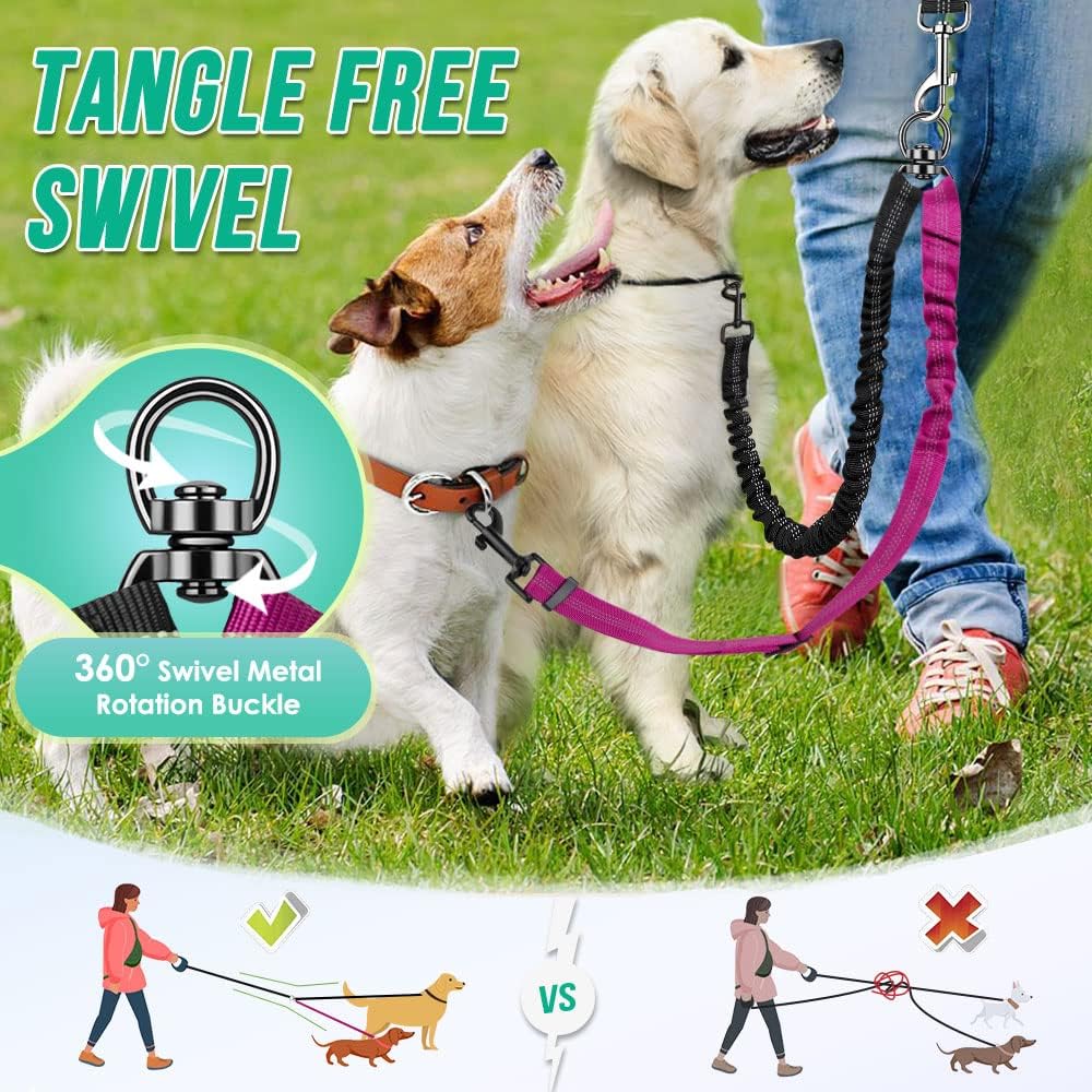 Double Dog Leash Coupler, No Tangle 360° Swivel Dual Leashes for Walking 2 Dogs, Adjustable Length Reflective Splitter Leash for Training, Small, Medium & Large Two Dogs(Black&Fuchsia)