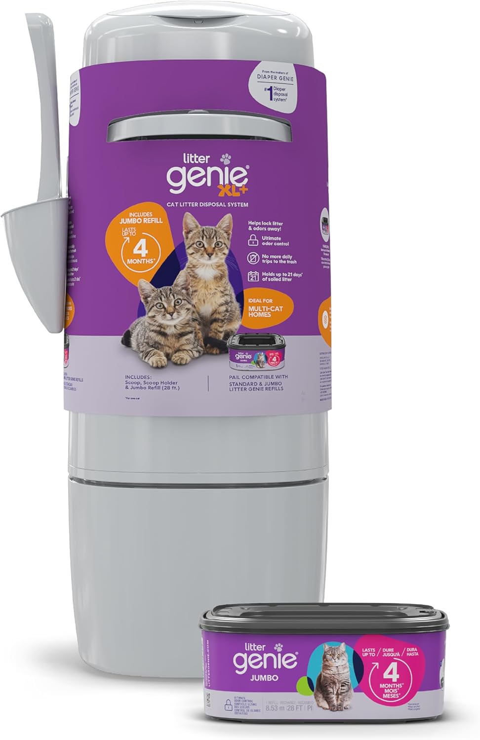 XL+ Pail – Ideal for Multi Cat Homes - Includes One Jumbo 24Ft Cat Litter Bags Refill, Scoop, and Scoop Holder