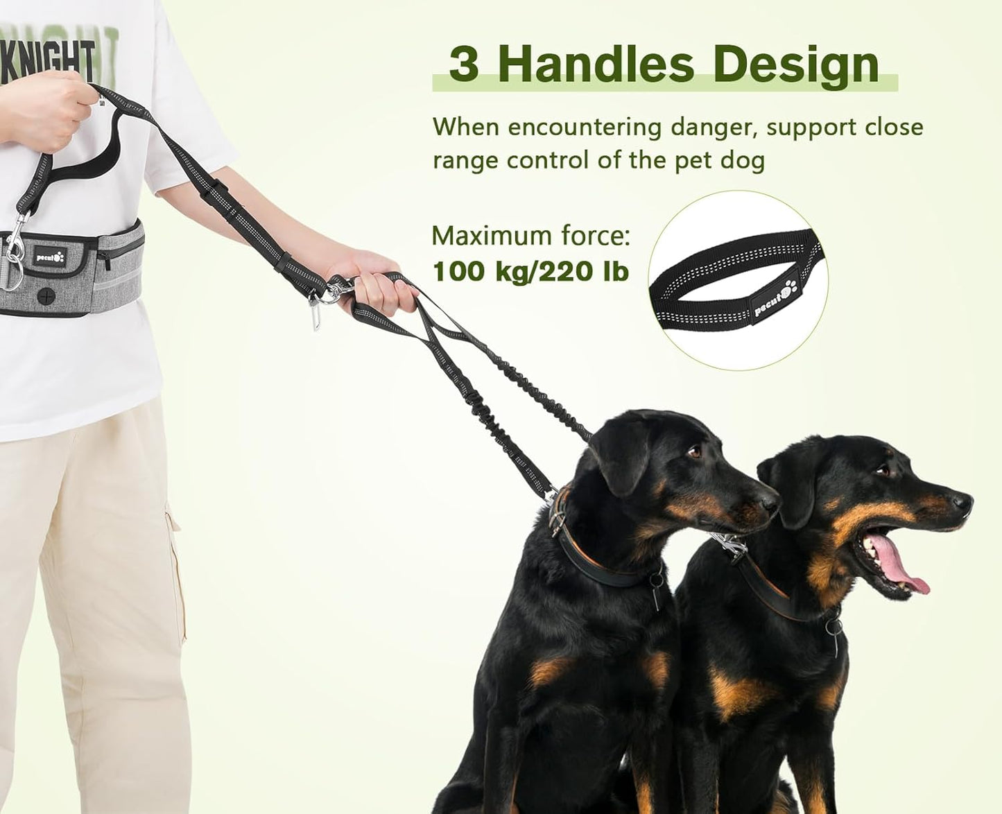 Hands Free Dog Leash 2 Dogs, Waist Belt Fanny Pack with Soft Padded, Dual Dog Leash with Pouch, 3 Padded Handles, Durable Bungee, Double Dog Leash for Running Walking Hiking Jogging Biking