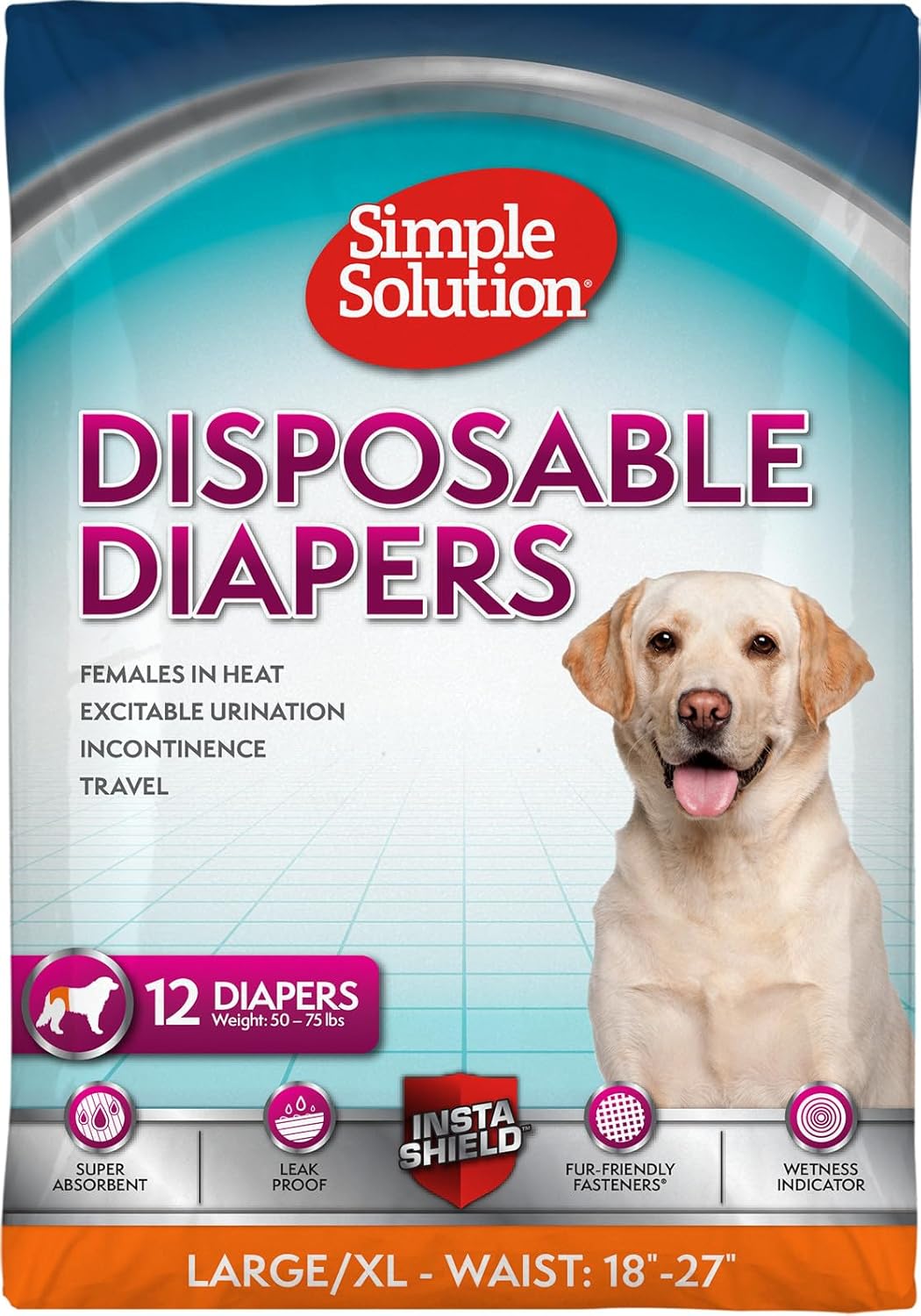 Disposable Dog Diapers for Female Dogs, True Fit, Absorbent, Leak Proof with Wetness Indicator, XL Puppy & Doggie Period Pad and Pee Diaper, for Large Pets, 18-27 Inch Waist, 30 Count