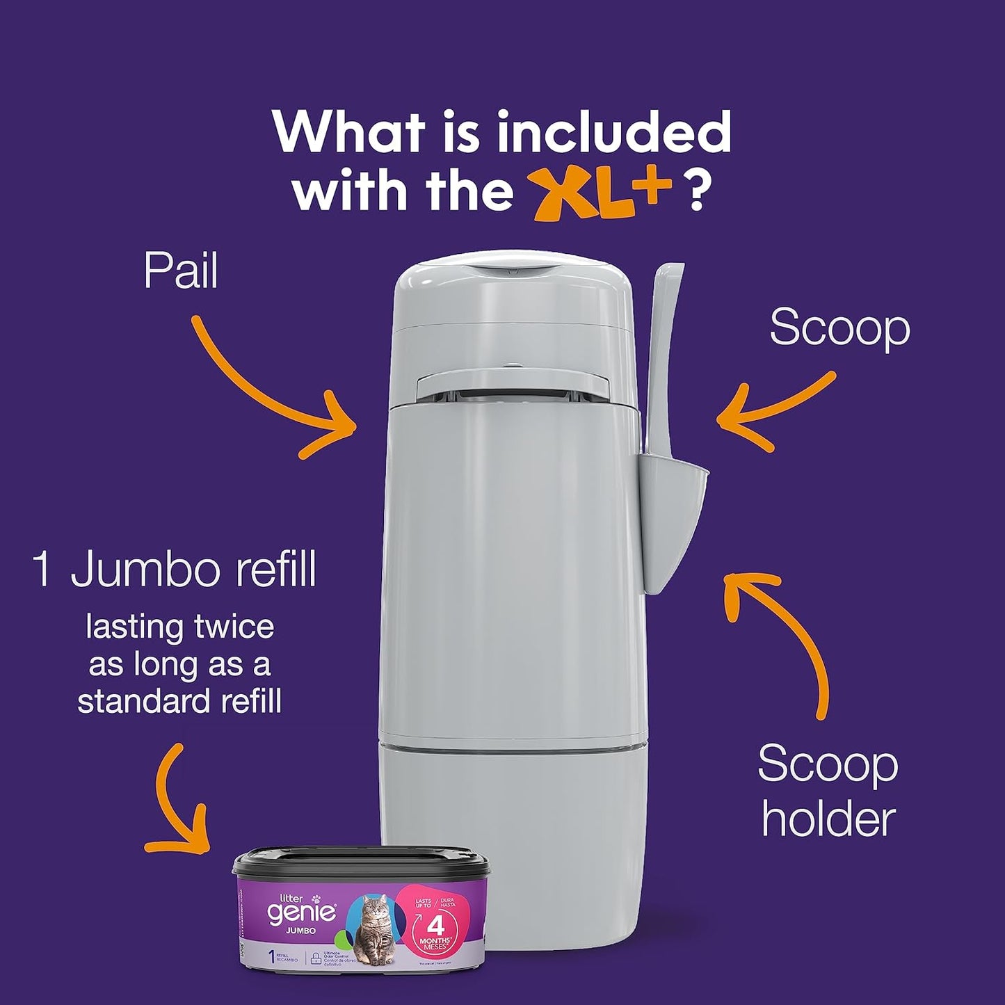 XL+ Pail – Ideal for Multi Cat Homes - Includes One Jumbo 24Ft Cat Litter Bags Refill, Scoop, and Scoop Holder