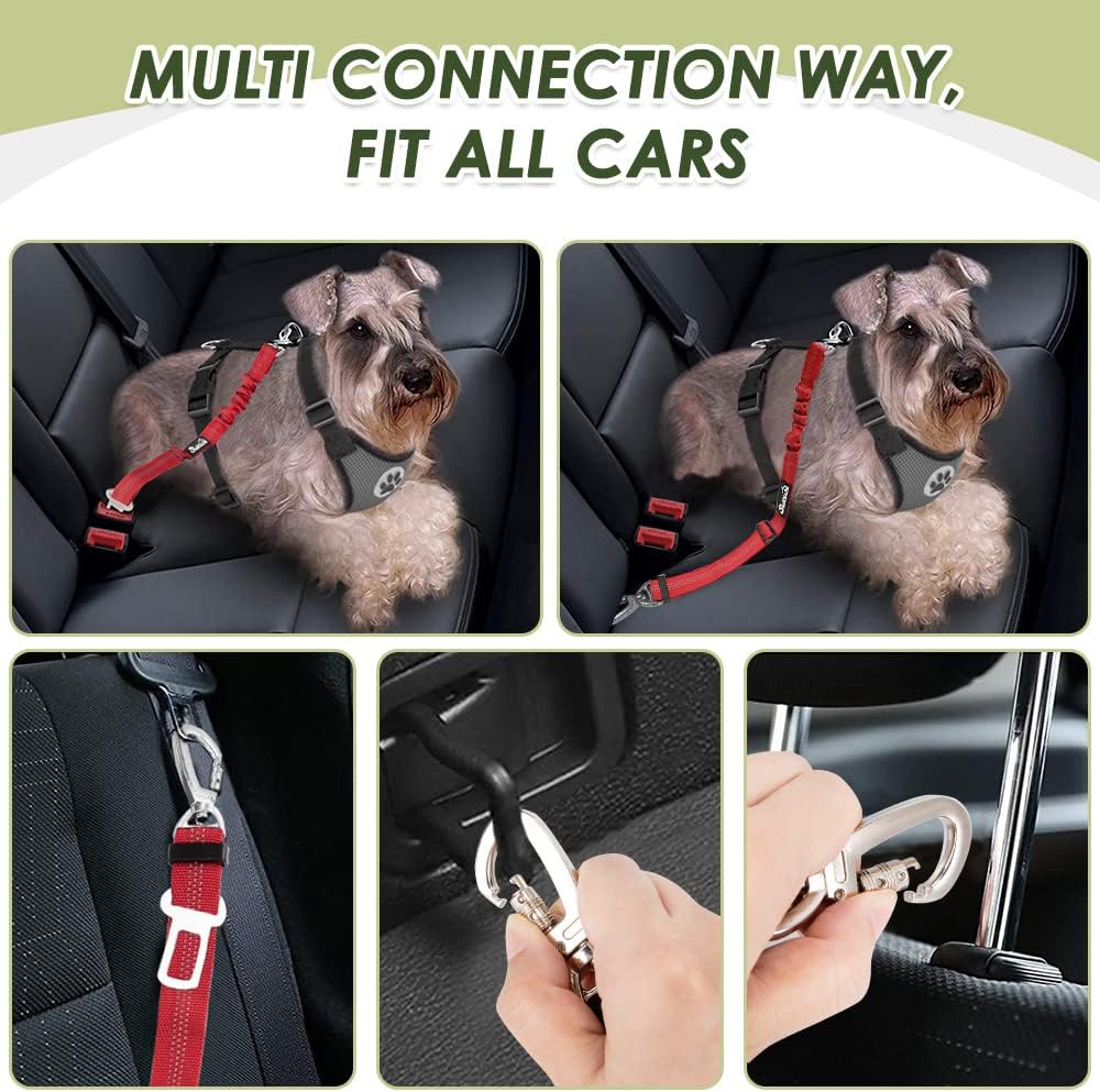 2 Pack Dog Seat Belt - Dog Car Seat Belt Adjustable with Elastic Bungee Buffer, Dog Car Seatbelt Tether & Latch Bar Attachment, Nylon Pet Safety Harness Leash for Vehicle (Red,2 in 1)