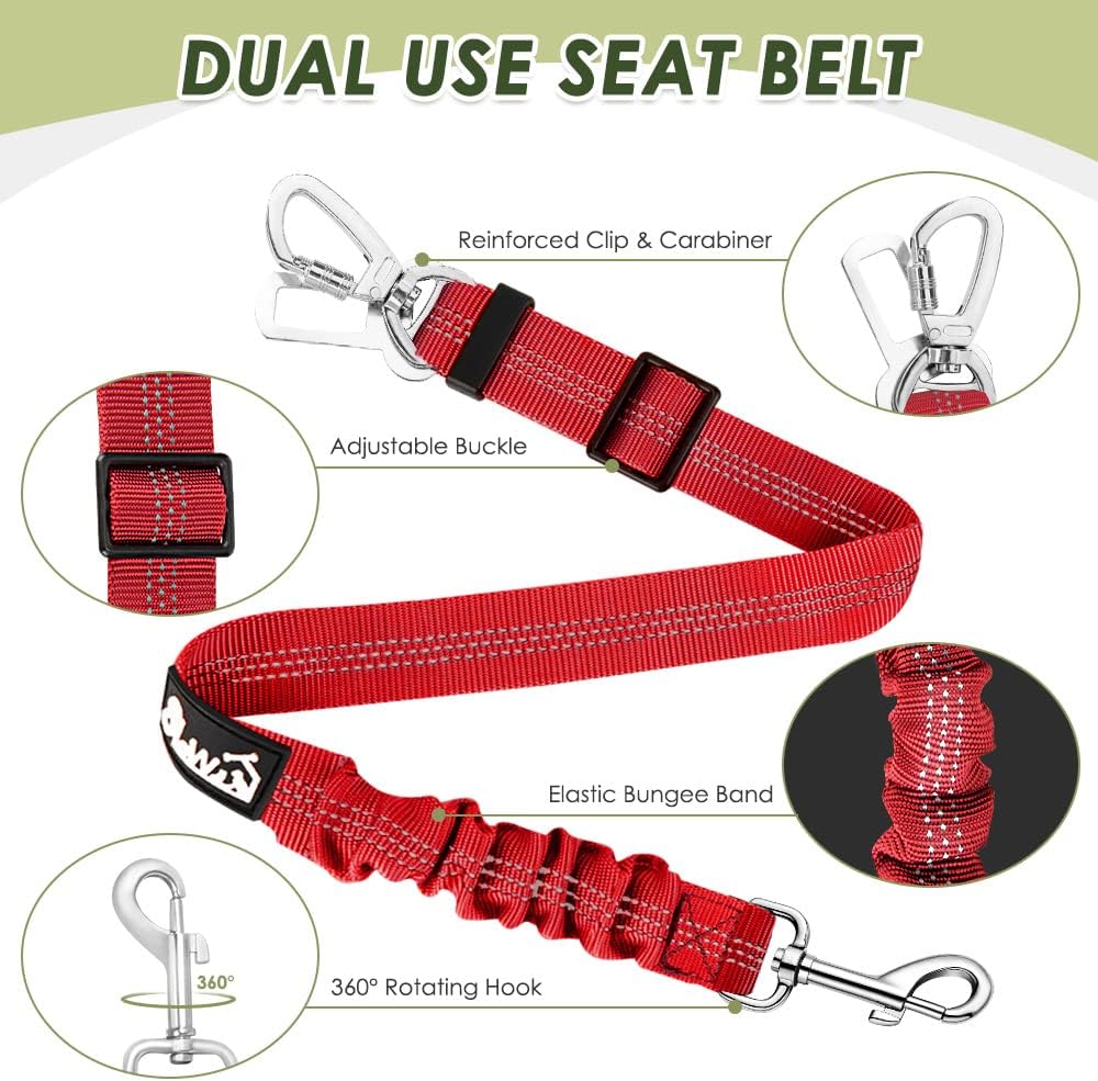 2 Pack Dog Seat Belt - Dog Car Seat Belt Adjustable with Elastic Bungee Buffer, Dog Car Seatbelt Tether & Latch Bar Attachment, Nylon Pet Safety Harness Leash for Vehicle (Red,2 in 1)