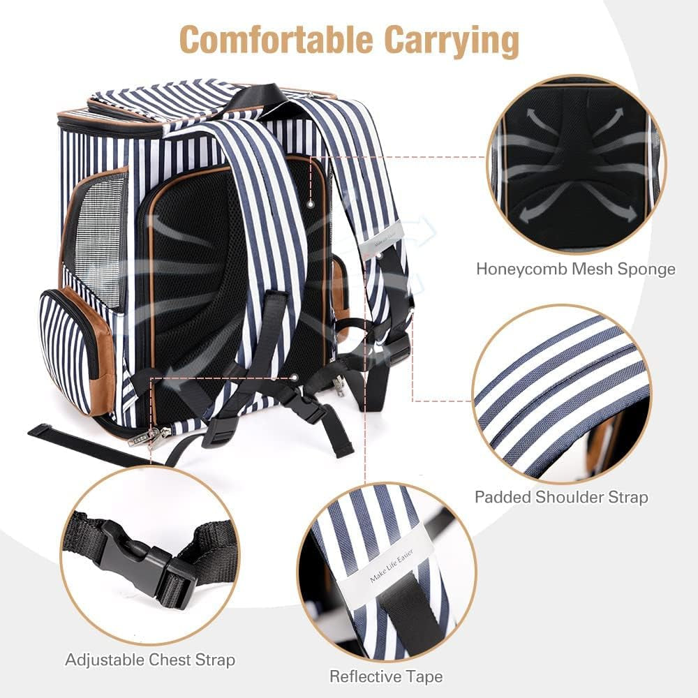 X-Large Cat Backpack Carrier Airline Approved Pet Backpack Expandable Dog Backpack Carrier for Medium Cats, Small Dogs, Puppies up to 18 Lb, Striped, XL