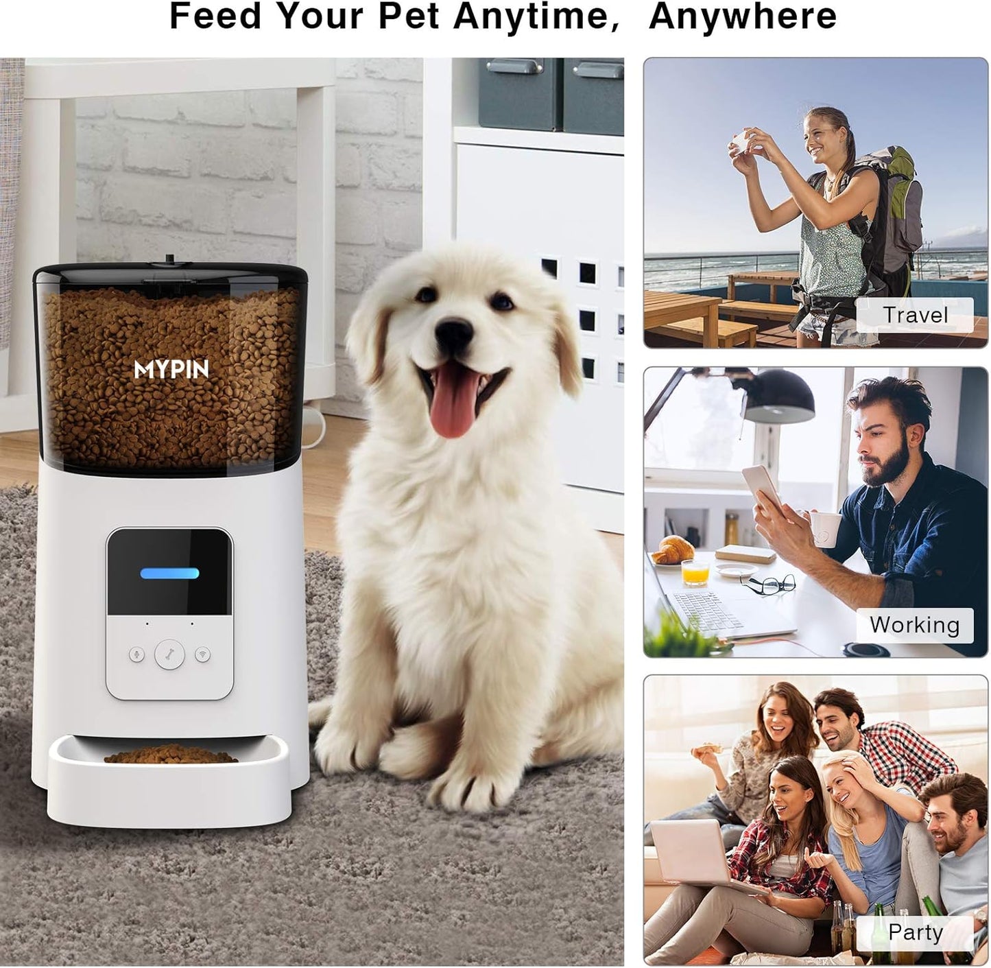 Automatic Pet Feeder for Cats and Dog, 2.4G Wi-Fi Enabled APP with Voice Recorder for Ios and Android, Auto Dog Food Dispenser with Portion Control, Distribution Alarms up to 15 Meals per Day, 6L