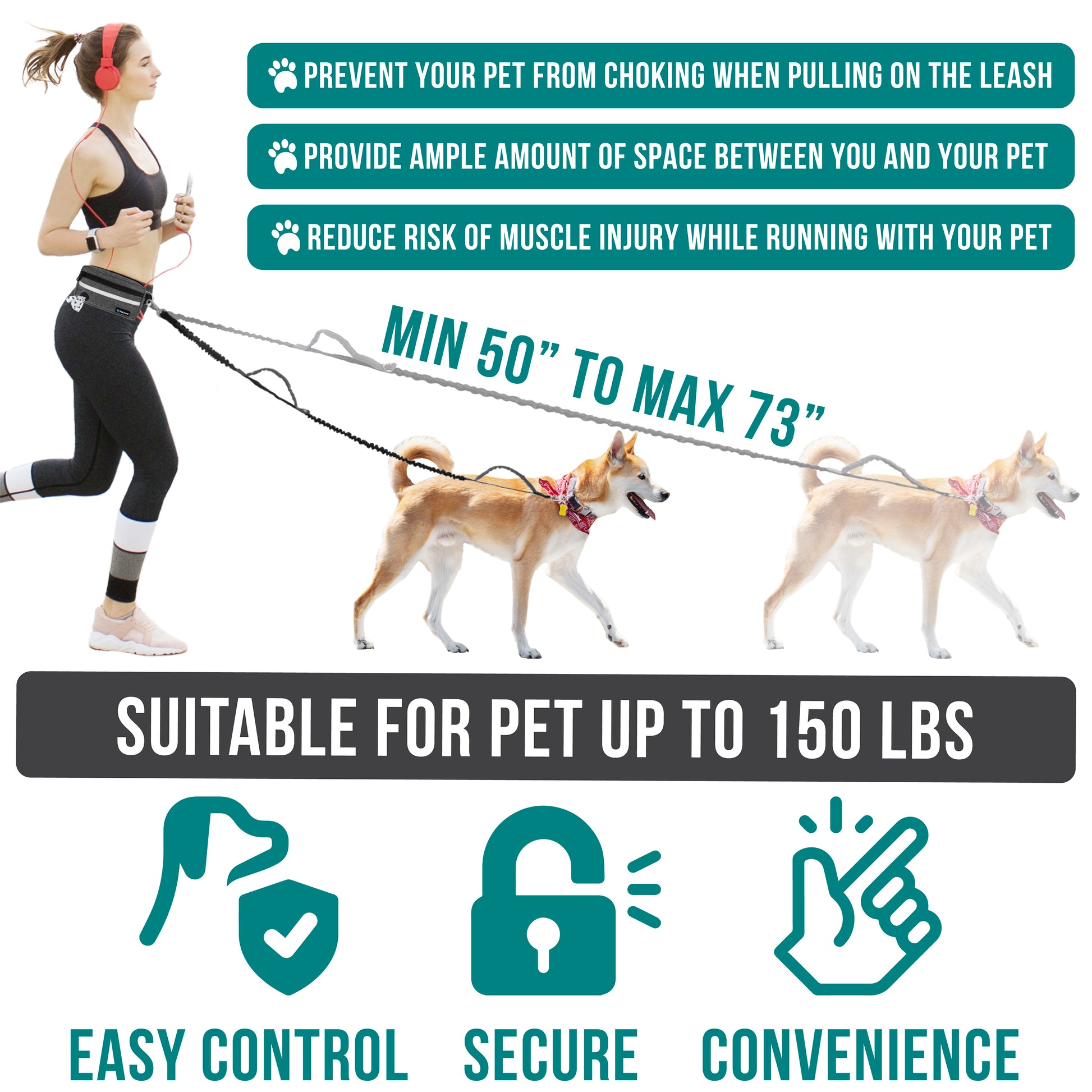 Dog Leash Belt Hands Free Running Jogging Walking Waist Pouch with Bungee Leash