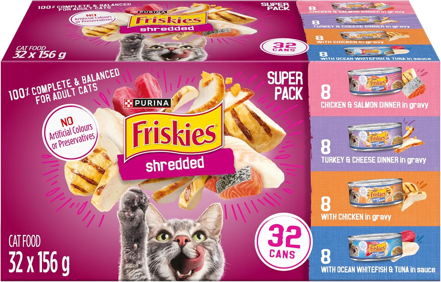 Shredded Wet Cat Food, Poultry & Fish Combo Variety Pack 4 Flavours - 156 G Can (32 Pack)