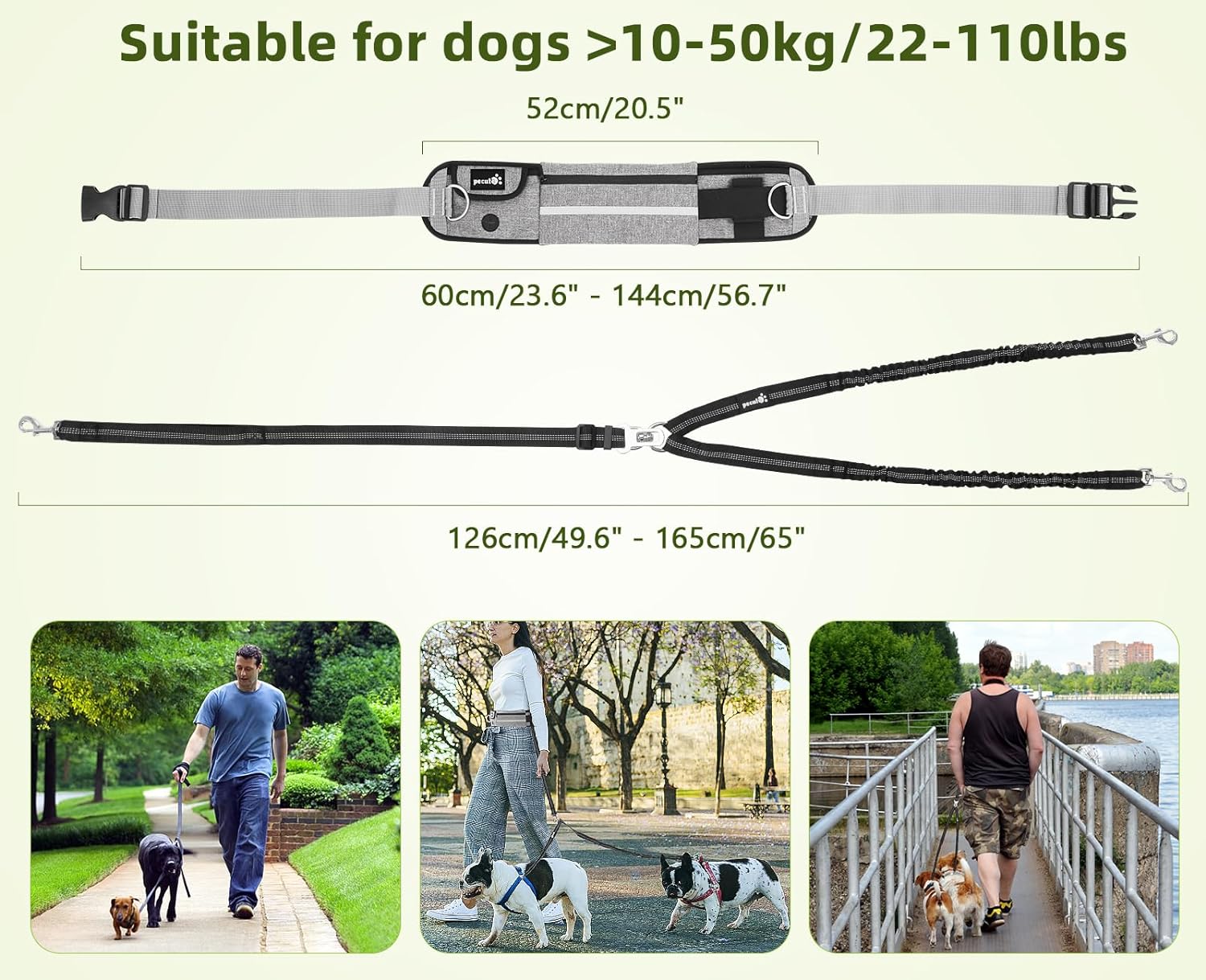 Hands Free Dog Leash 2 Dogs, Waist Belt Fanny Pack with Soft Padded, Dual Dog Leash with Pouch, 3 Padded Handles, Durable Bungee, Double Dog Leash for Running Walking Hiking Jogging Biking