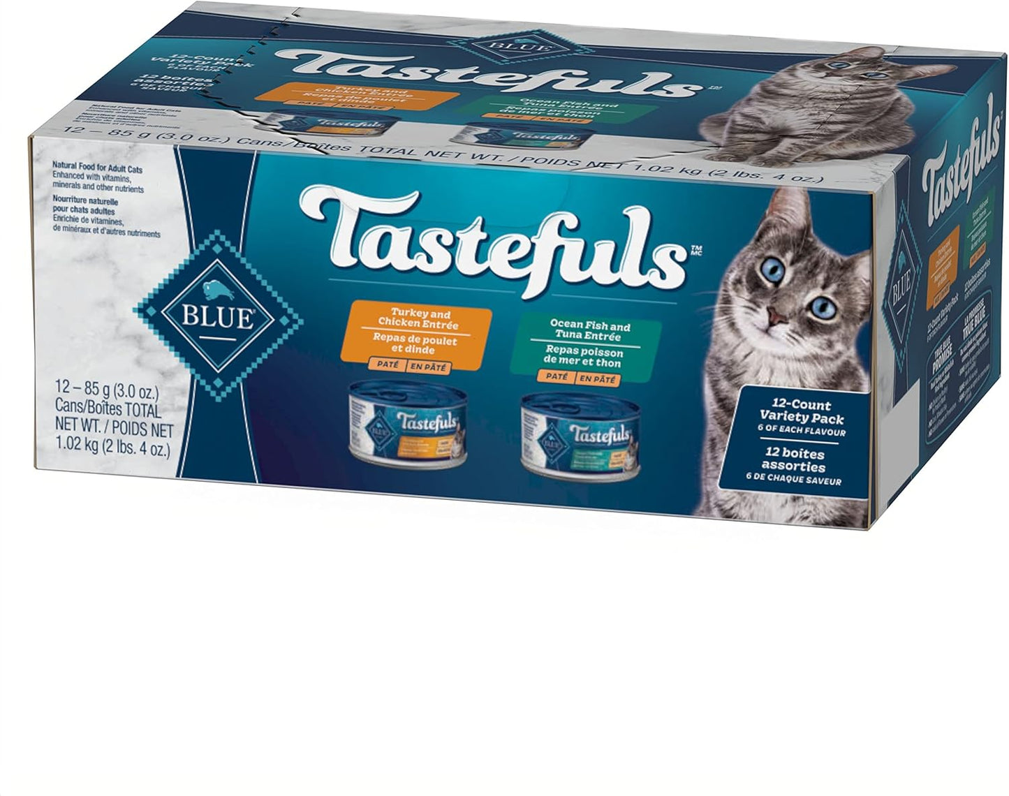 Tastefuls Natural Wet Cat Food, Chicken, Turkey/Chicken and Ocean Fish/Tuna Pate Variety Pack 5.5 Oz 12 Ct.