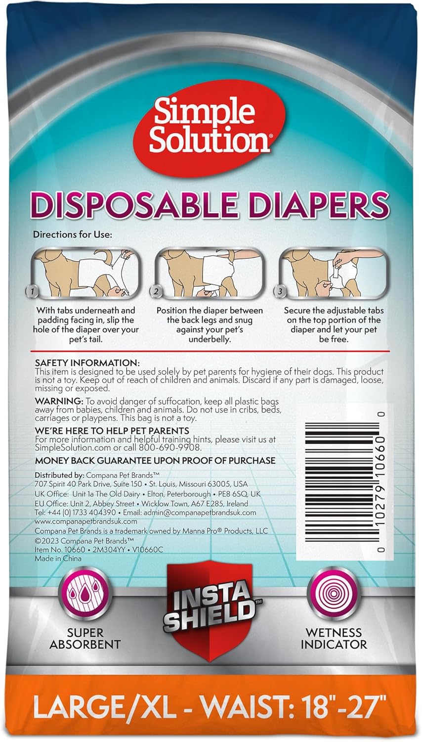 Disposable Dog Diapers for Female Dogs, True Fit, Absorbent, Leak Proof with Wetness Indicator, XL Puppy & Doggie Period Pad and Pee Diaper, for Large Pets, 18-27 Inch Waist, 30 Count