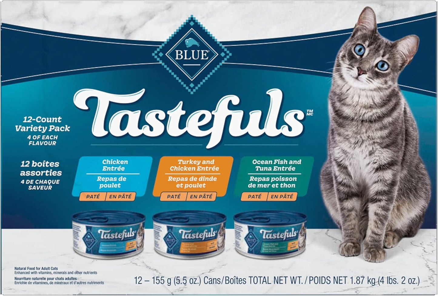 Tastefuls Natural Wet Cat Food, Chicken, Turkey/Chicken and Ocean Fish/Tuna Pate Variety Pack 5.5 Oz 12 Ct.