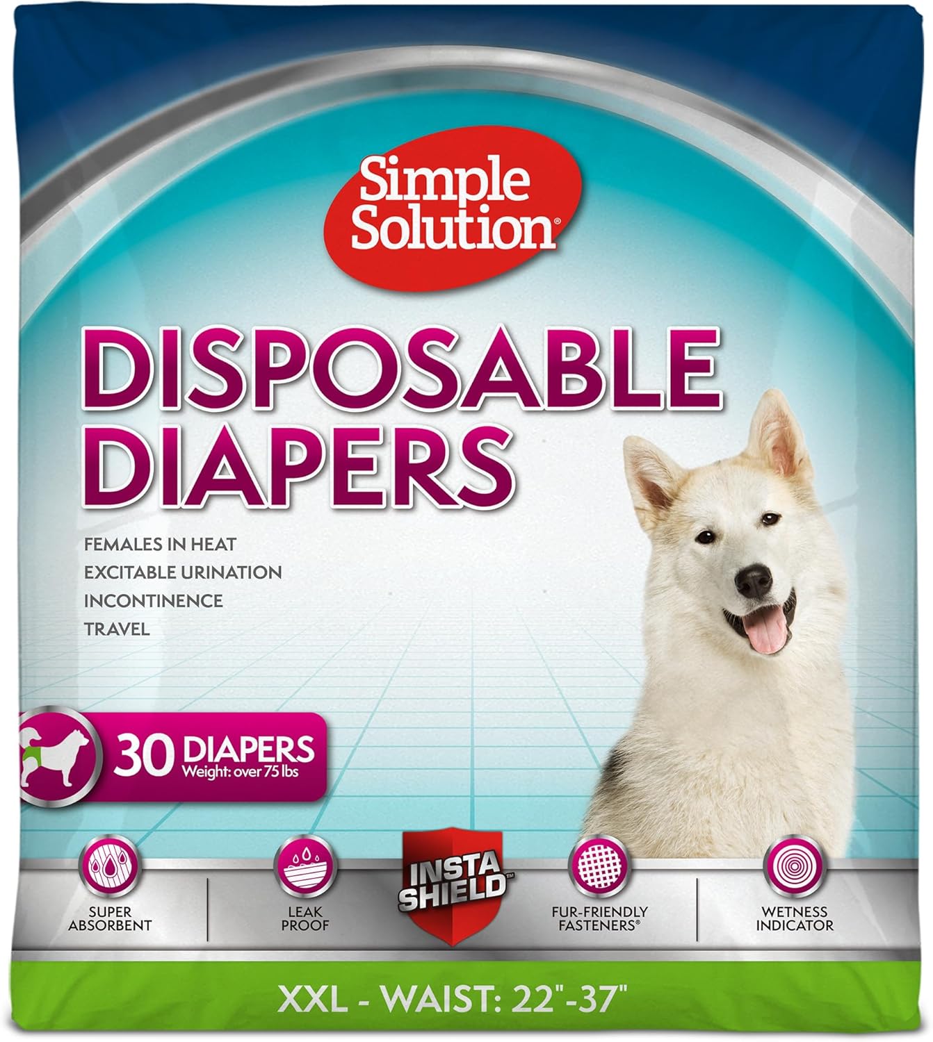 Disposable Dog Diapers for Female Dogs, True Fit, Absorbent, Leak Proof with Wetness Indicator, XL Puppy & Doggie Period Pad and Pee Diaper, for Large Pets, 18-27 Inch Waist, 30 Count