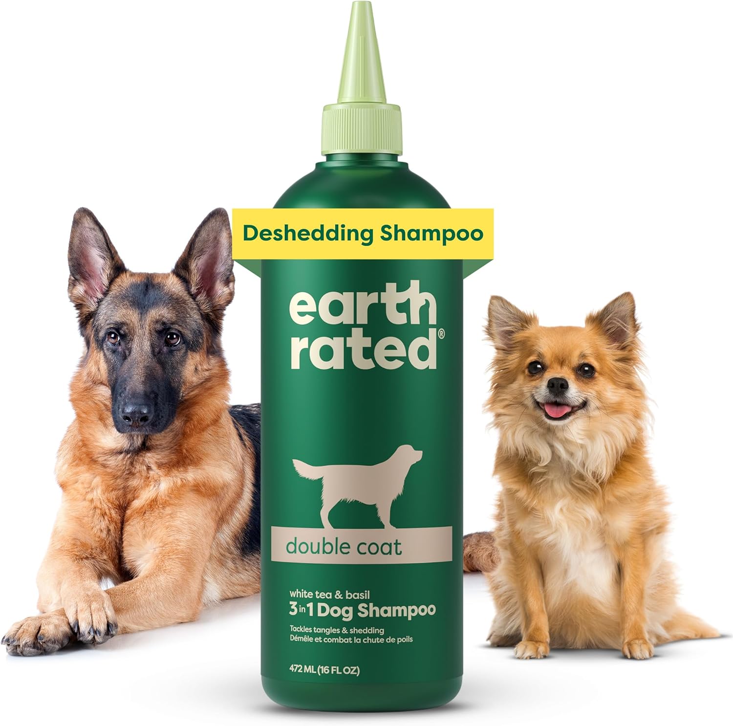 3-In-1 Dog Shampoo, Conditioner and Deodorizer, for Double-Coated Dogs and Puppies to Tackle Tangles and Shedding, Refreshing White Tea and Basil Scent, 473 Ml