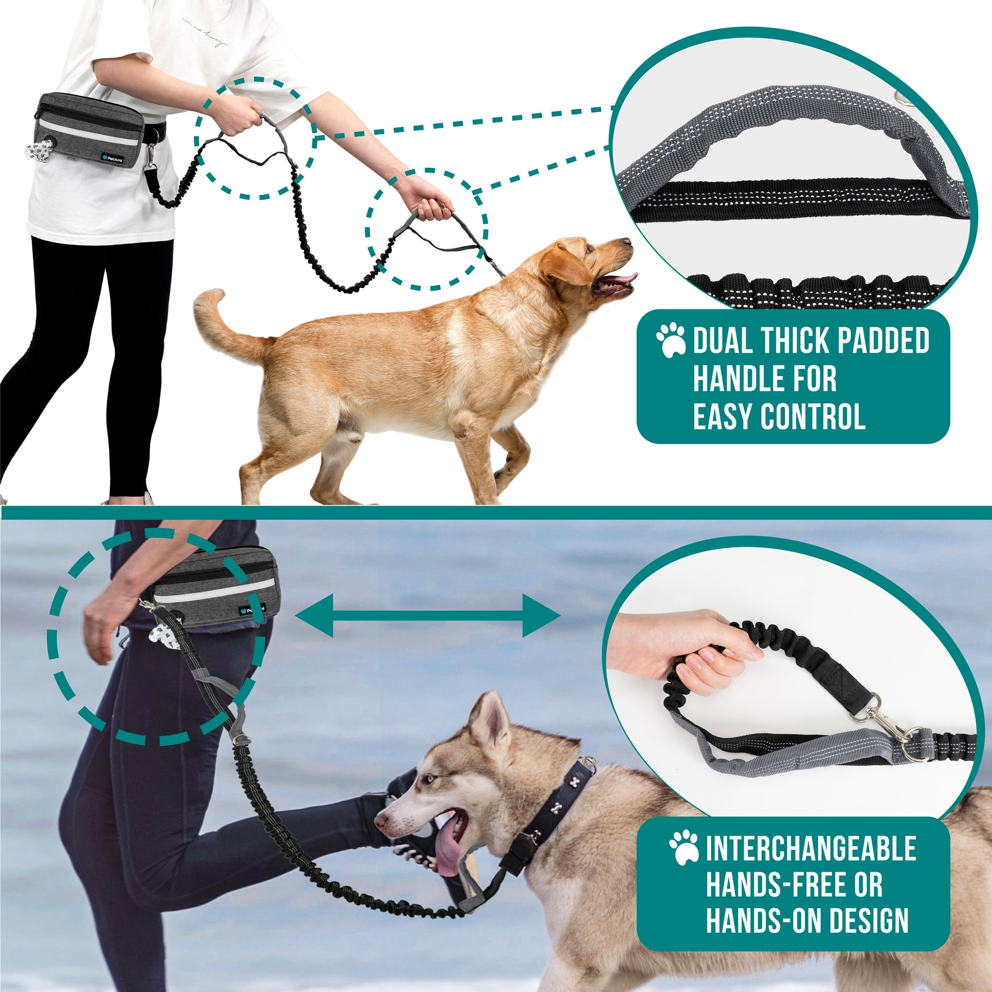 Dog Leash Belt Hands Free Running Jogging Walking Waist Pouch with Bungee Leash