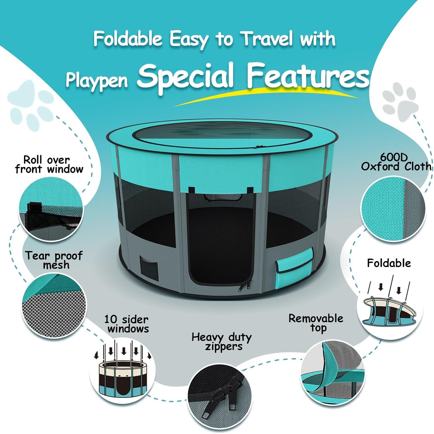 Portable Dog Pen, Upgraded Pet Playpen, Foldable Cat Playpen for Dogs, Cats, Rabbits and Small Animals, Great for Indoor Outdoor Travel 43" Large