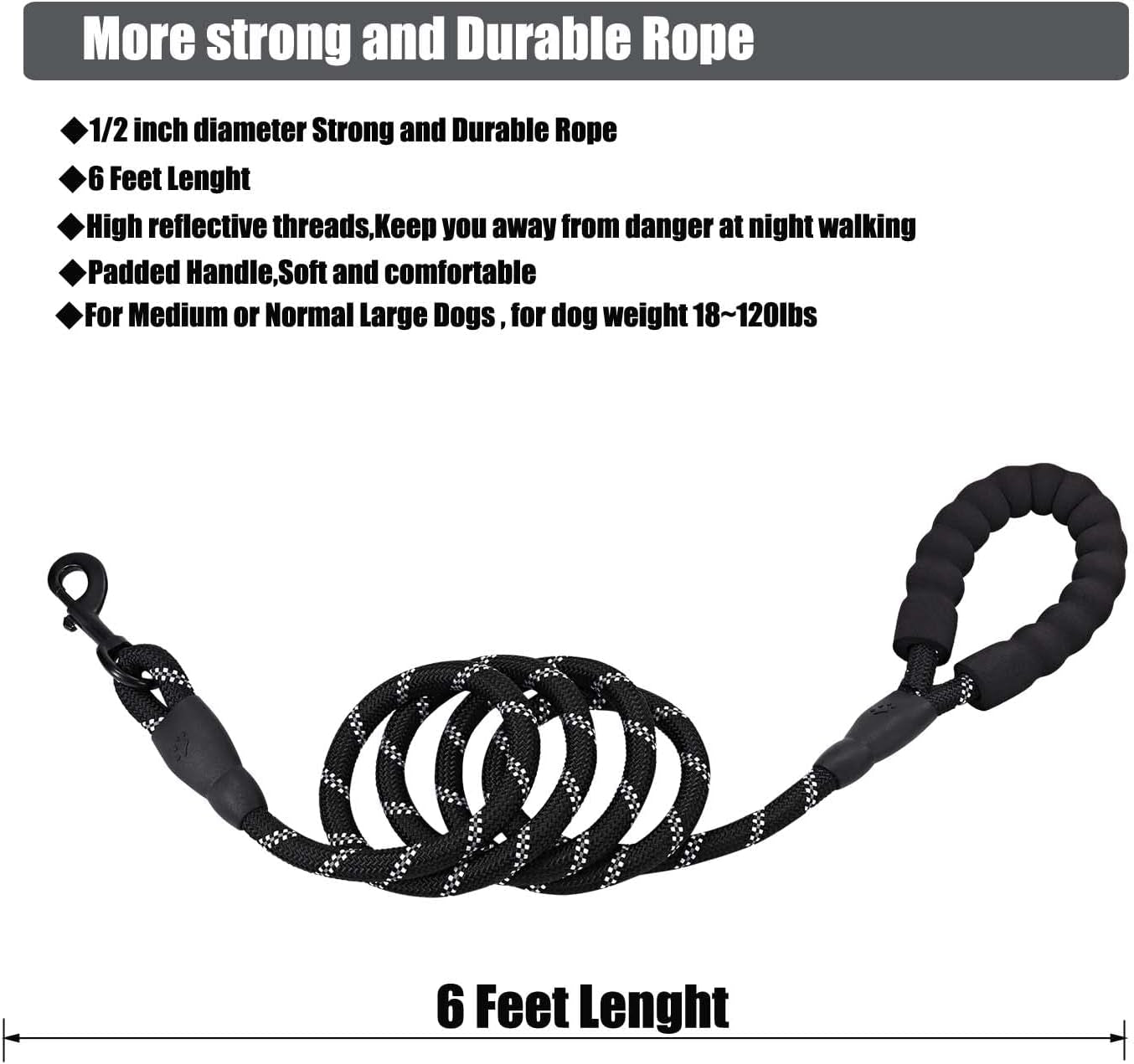 6FT/10FT Strong Dog Leashes with Comfortable Padded Handle and Highly Reflective Threads for Small Medium and Large Dogs(6 Feet X1/2'' (Pack of 1), Black)