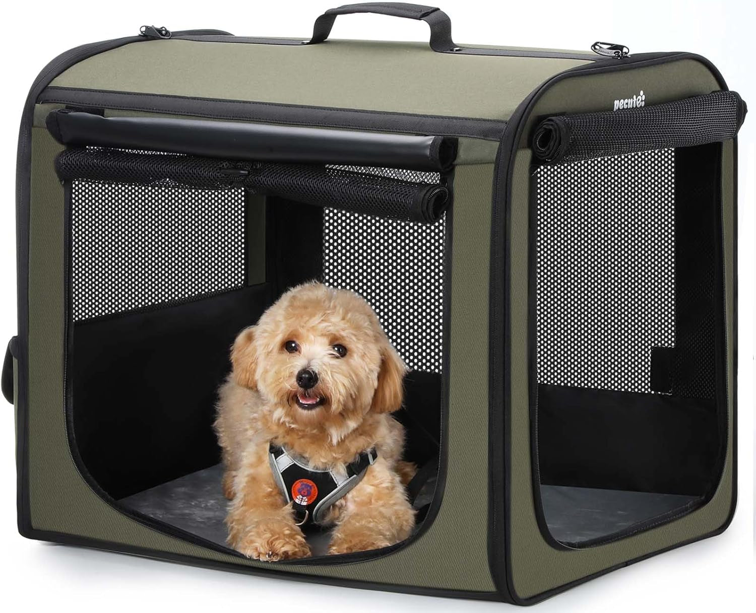 Dog Crate Foldable, Dog Car Seat, 61×45×52 Cm, Dog Carrier with Lockable Zipper and Adjustable Safety Strap for Indoor, Outdoor, and Car Use; Can Be Used as a Pet House, Pet Tent (Green)