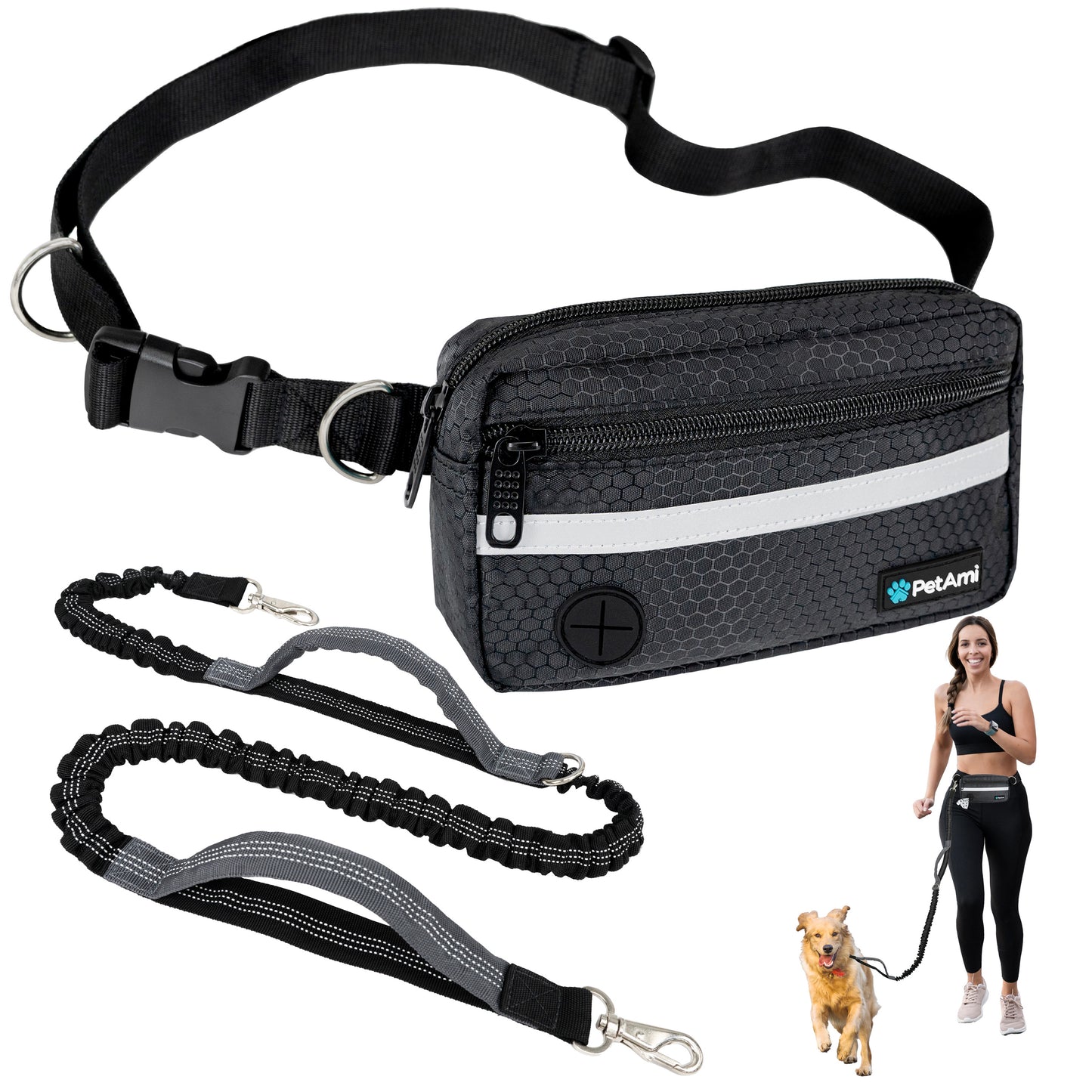 Dog Leash Belt Hands Free Running Jogging Walking Waist Pouch with Bungee Leash