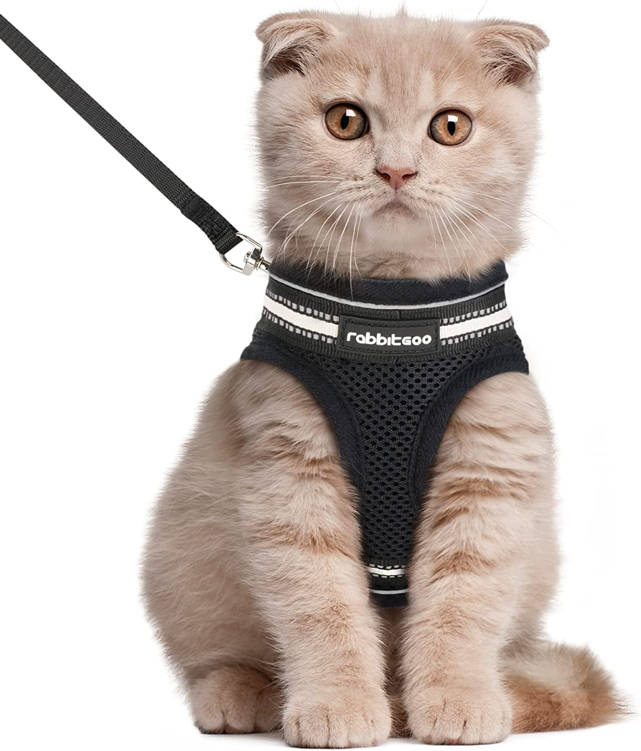 Cat Harness and Leash Set for Walking Escape Proof, Adjustable Soft Kittens Vest with Reflective Strip for Cats, Comfortable Outdoor Vest, Black, Small