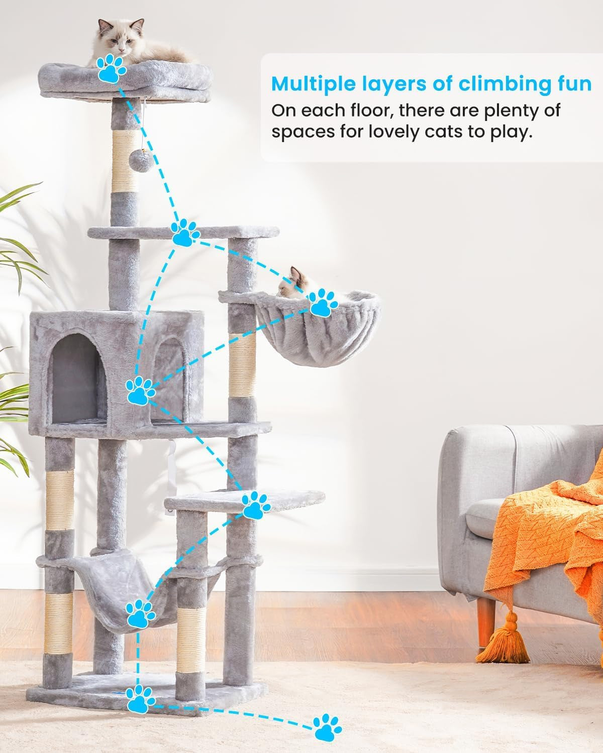 Cat Tree with Large Hammock, Multi-Level Cat Tower for Indoor Cats, Cat Condo with Sisal-Covered Scratching Posts and Top Perch, Light Gray MPJ050W