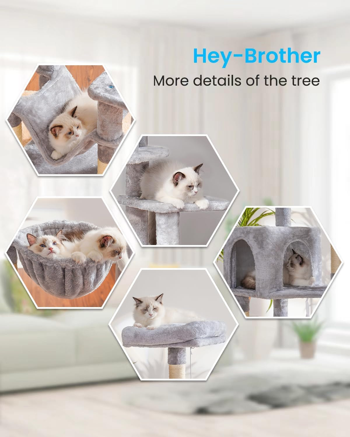 Cat Tree with Large Hammock, Multi-Level Cat Tower for Indoor Cats, Cat Condo with Sisal-Covered Scratching Posts and Top Perch, Light Gray MPJ050W