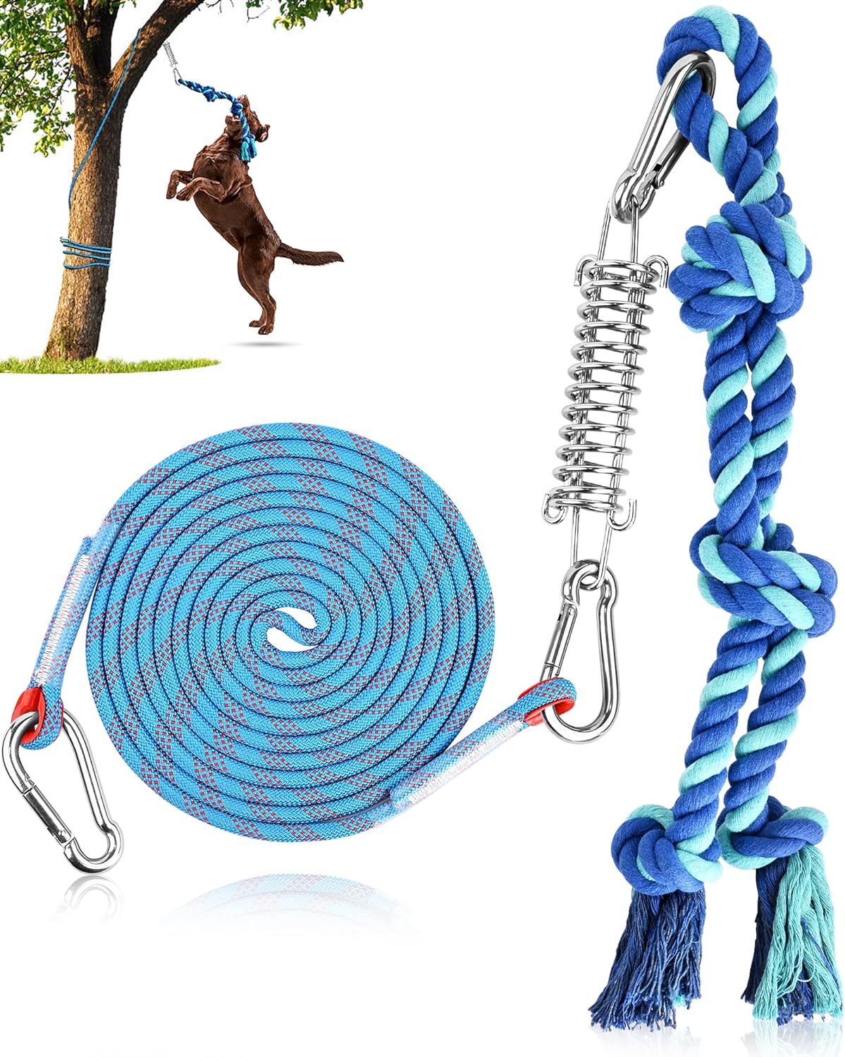 Bungee Dog Toy, Tether Tug Outdoor Dog Toy for Pitbull Interactive & Exercise, Spring Pole Tether Tug of War Toy with Durable Rope, Outdoor Hanging Toys for Large Dogs Reduce Boredom, Blue