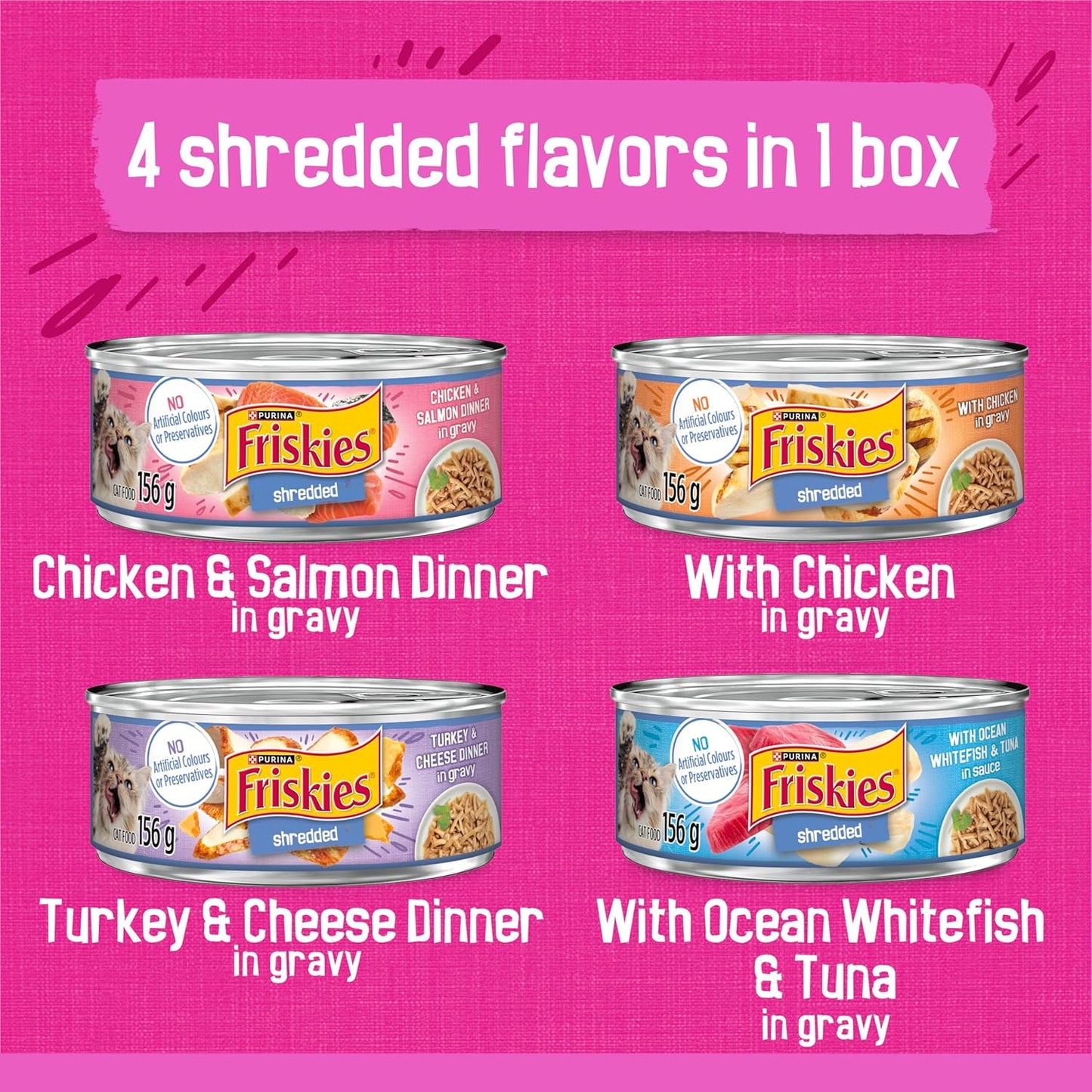 Shredded Wet Cat Food, Poultry & Fish Combo Variety Pack 4 Flavours - 156 G Can (32 Pack)