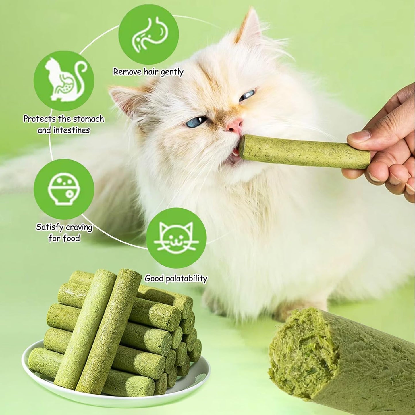 50G Cat Grass Teething Stick for Cat, Natural Dried Cat Grass Treats Snacks for Cats, Edible Cat Chew Toys for Teeth Cleaning and Hairball Removal