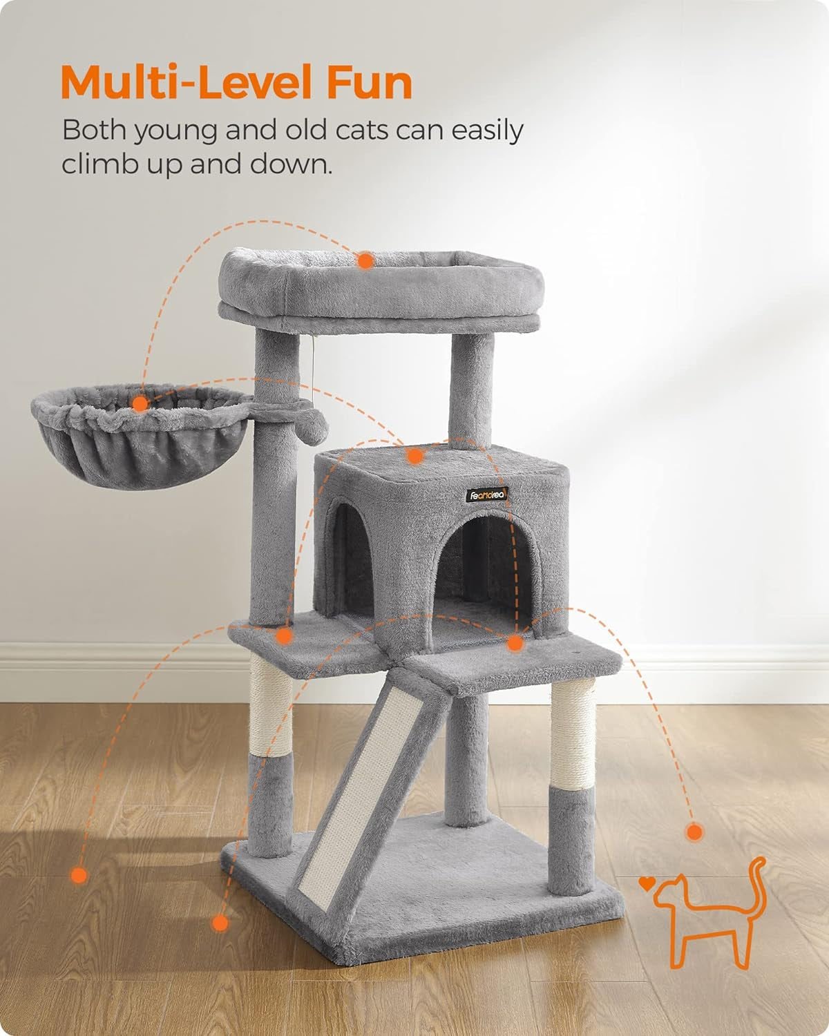 Cat Tree, Small Cat Tower with Widened Perch for Large Cats Indoor, Kittens, 37.8-Inch Multi-Level Cat Condo, Scratching Posts and Ramp, 2-Door Cat Cave, Cat Basket, Light Gray UPCT51W