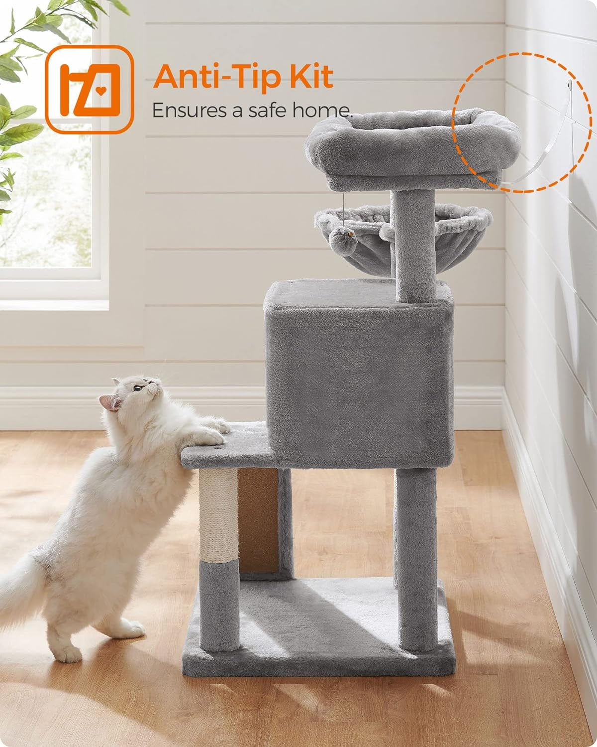 Cat Tree, Small Cat Tower with Widened Perch for Large Cats Indoor, Kittens, 37.8-Inch Multi-Level Cat Condo, Scratching Posts and Ramp, 2-Door Cat Cave, Cat Basket, Light Gray UPCT51W