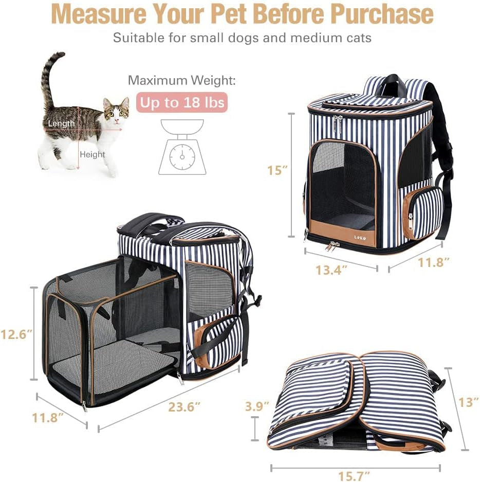 X-Large Cat Backpack Carrier Airline Approved Pet Backpack Expandable Dog Backpack Carrier for Medium Cats, Small Dogs, Puppies up to 18 Lb, Striped, XL