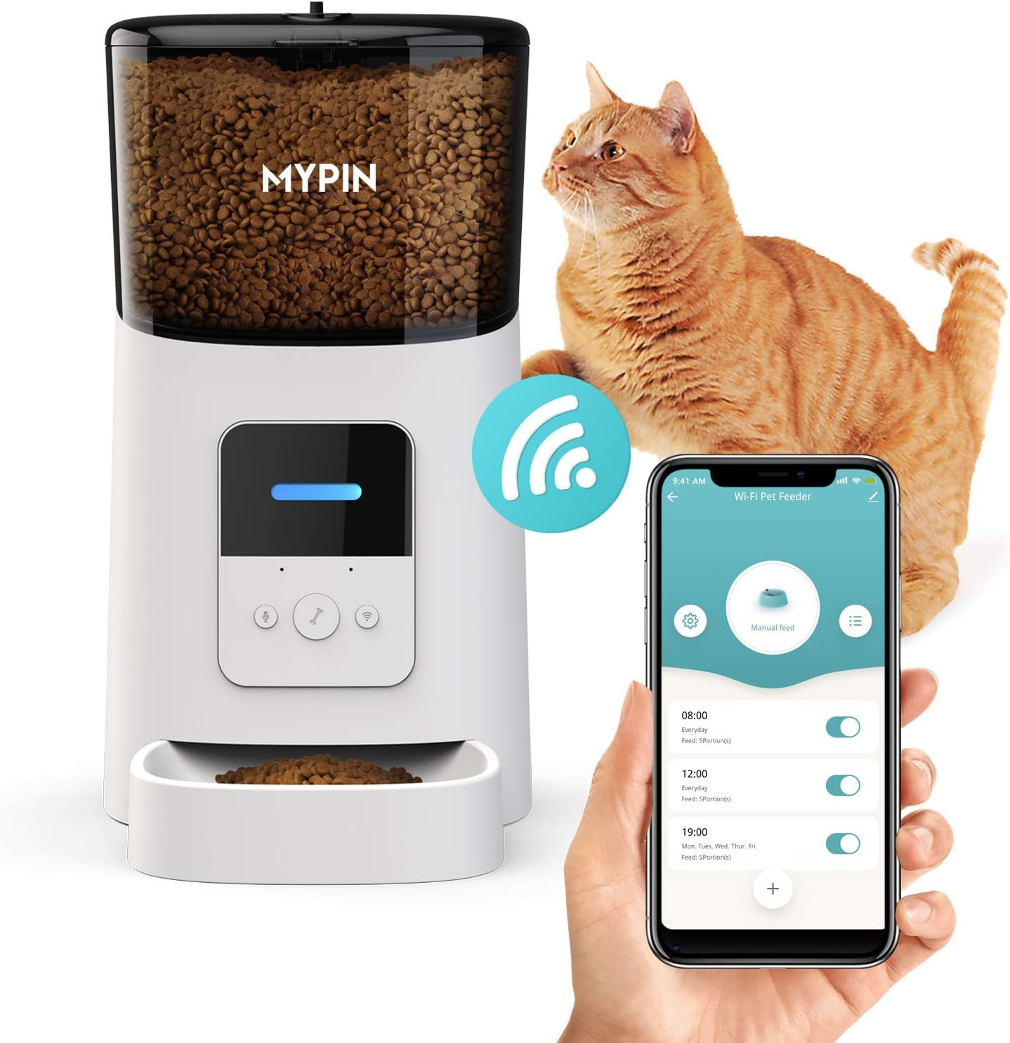 Automatic Pet Feeder for Cats and Dog, 2.4G Wi-Fi Enabled APP with Voice Recorder for Ios and Android, Auto Dog Food Dispenser with Portion Control, Distribution Alarms up to 15 Meals per Day, 6L