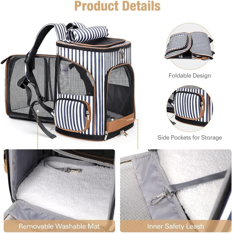 X-Large Cat Backpack Carrier Airline Approved Pet Backpack Expandable Dog Backpack Carrier for Medium Cats, Small Dogs, Puppies up to 18 Lb, Striped, XL