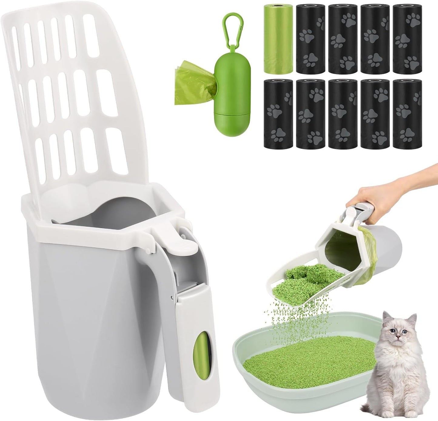 Cat Litter Scooper with Holder, Cat Litter Shovel with Waste Can and Refill 195 Bags, Large Capacity Cat Scooper Portable Litter Shovel, Cat Litter Sifter Scoop System with Bags