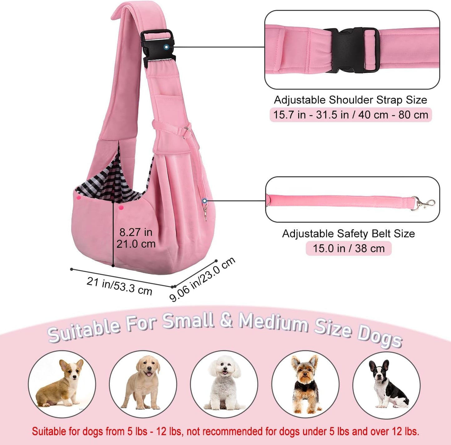 Reversible Dog Cat Sling Carrier, Small Dog Carrier, Adjustable Dog Sling, Hands Free Cross Body Carrier with Collar Hook for Dog/Cat/Bunny up to 11Lb/4.99Kg, Light Pink