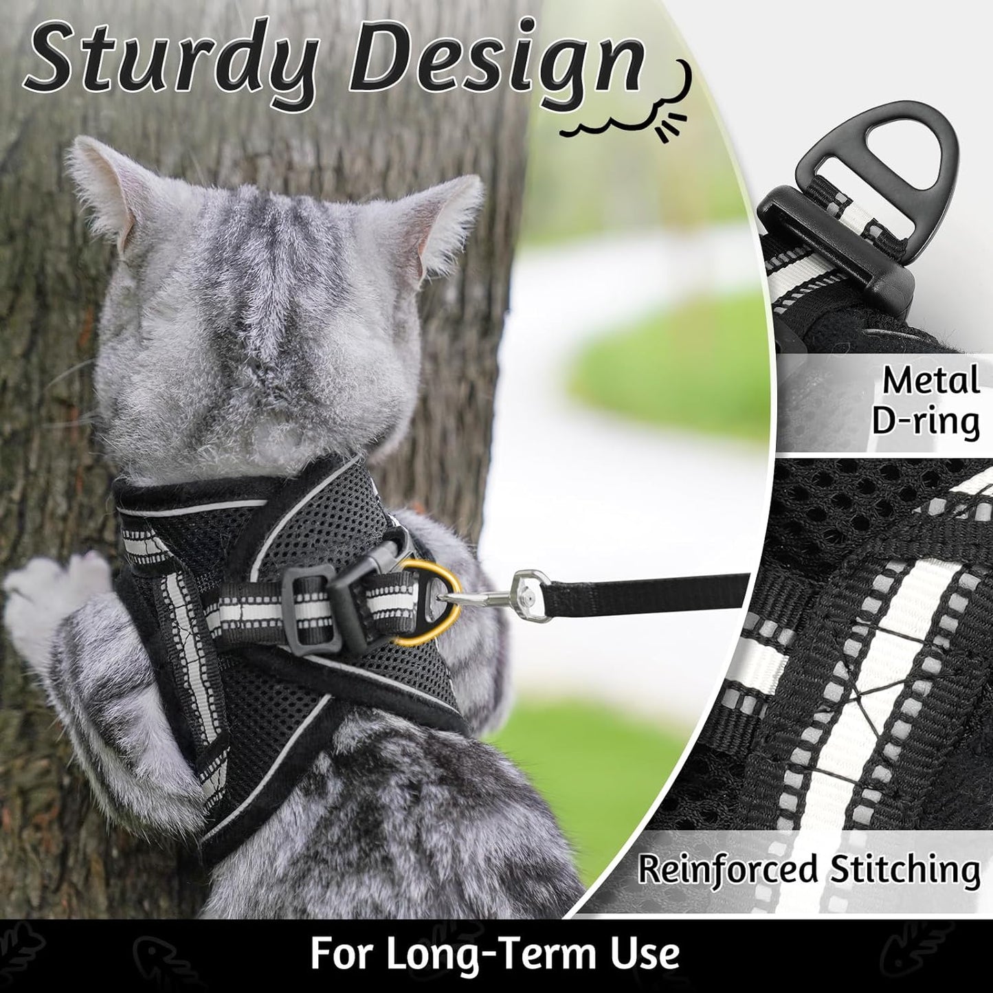 Cat Harness and Leash Set for Walking Escape Proof, Adjustable Soft Kittens Vest with Reflective Strip for Cats, Comfortable Outdoor Vest, Black, Small