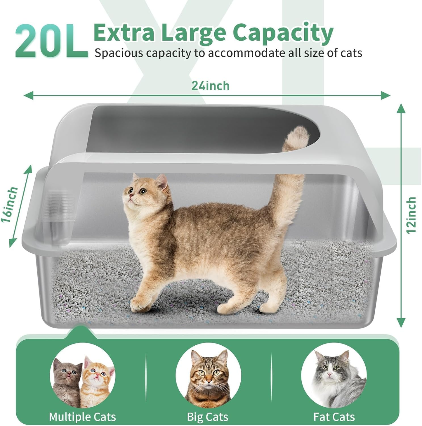 Stainless Steel Cat Litter Box with Lid, XXL Semi-Enclosed Cat Litter Box for Big Kitty, Metal Extra Large Litter Box High Sided, Non-Stick & Anti-Urine Leakage with Cat Mat and Scoop