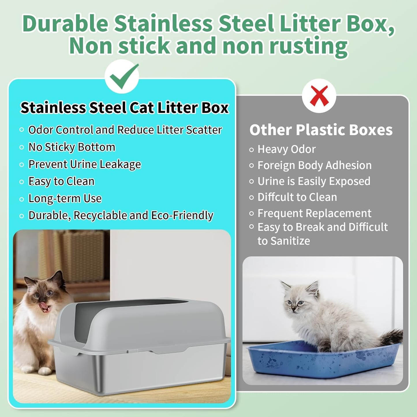 Stainless Steel Cat Litter Box with Lid, XXL Semi-Enclosed Cat Litter Box for Big Kitty, Metal Extra Large Litter Box High Sided, Non-Stick & Anti-Urine Leakage with Cat Mat and Scoop