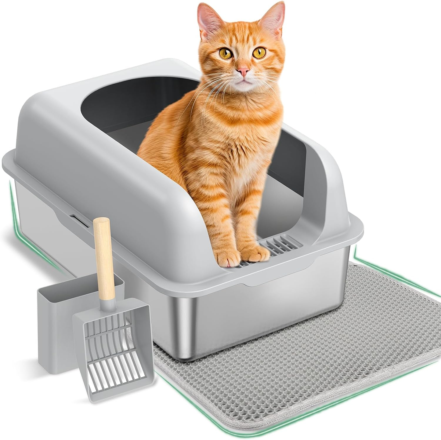 Stainless Steel Cat Litter Box with Lid, XXL Semi-Enclosed Cat Litter Box for Big Kitty, Metal Extra Large Litter Box High Sided, Non-Stick & Anti-Urine Leakage with Cat Mat and Scoop