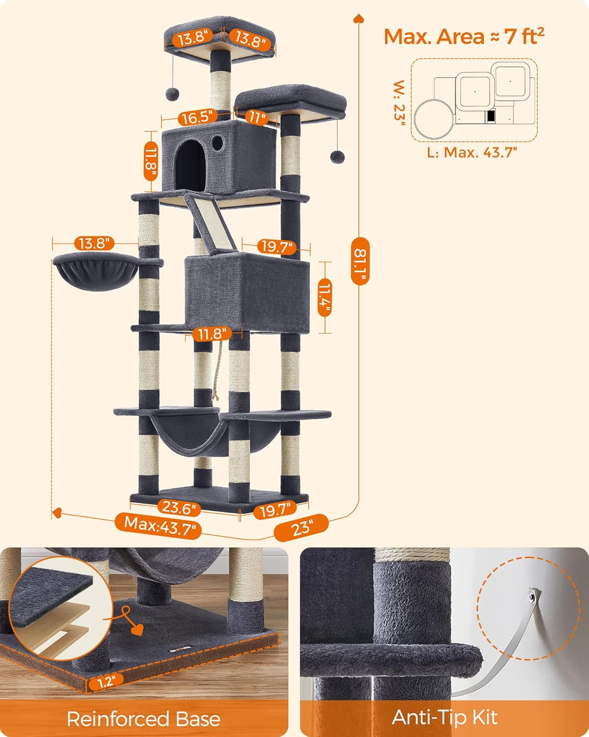 Cat Tree, 81.1-Inch Large Cat Tower with 13 Scratching Posts, 2 Perches, 2 Caves, Basket, Hammock, Pompoms, Multi-Level Plush Cat Condo for Indoor Cats, Smoky Gray UPCT190G01