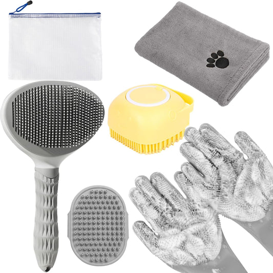 Dog Bath Brush Kit with Dog Towel & Dog Washing Gloves,6 in One Bag Dog Slicker Hair Grooming Brush for Shedding Grooming，Dog Shedding Shampoo Scrubber Brush for Dogs Cats Bath Grey