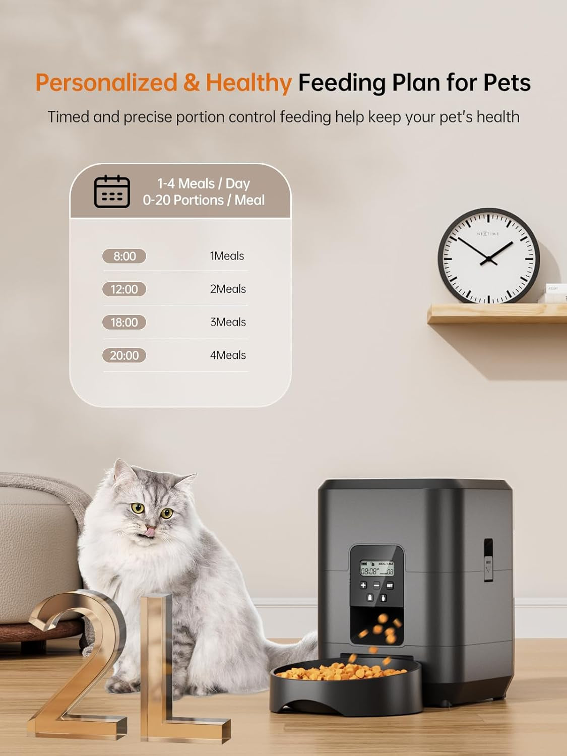 Automatic Cat Feeder, Timed Cat Food Dispenser with 1-4 Meals per Day for Cats and Small Dogs, 2L Auto Pet Feeder for Dry Food with Programmable Portion Control,Dual Power Supply, Easy to Clean, Black