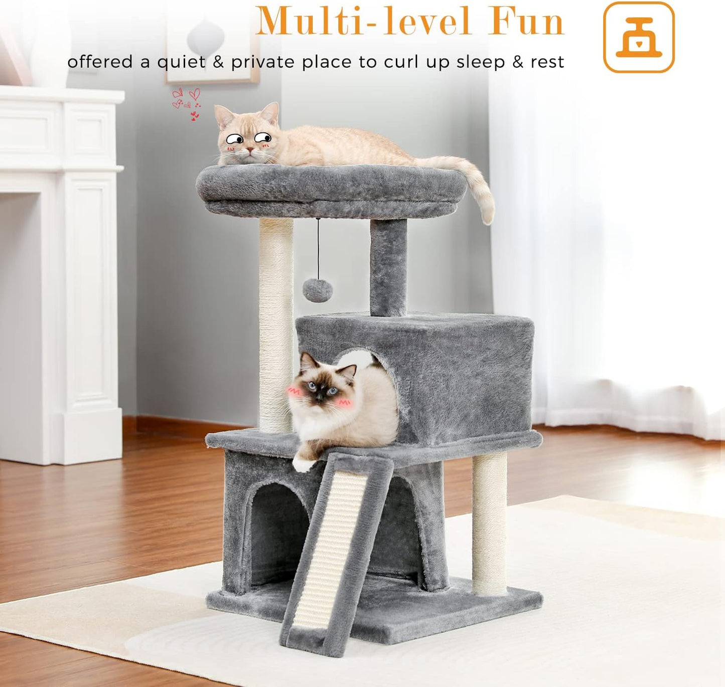 34 Inches Cat Tree Multilevel Cat Tower with Double Condos, Spacious Perch, Fully Wrapped Scratching Sisal Post and Replaceable Dangling Balls Gray