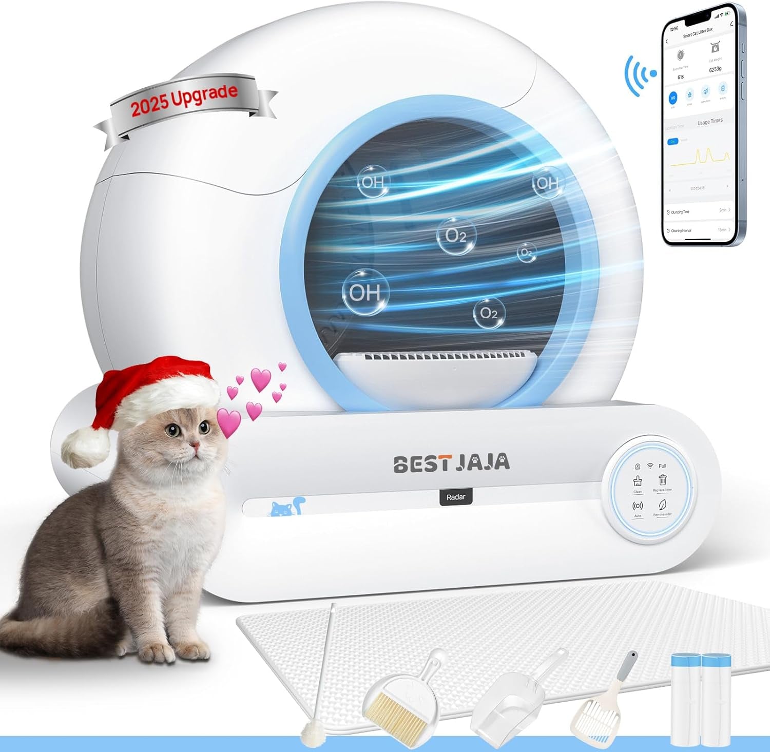 Self Cleaning Litter Box, 2025 Upgraded Automatic Cat Litter Box with Mat & Multiple Cleaning Tools, 68L+9L Large Capacity Litter Box Robot, Suitable for Multiple Cats, APP Control (Blue)