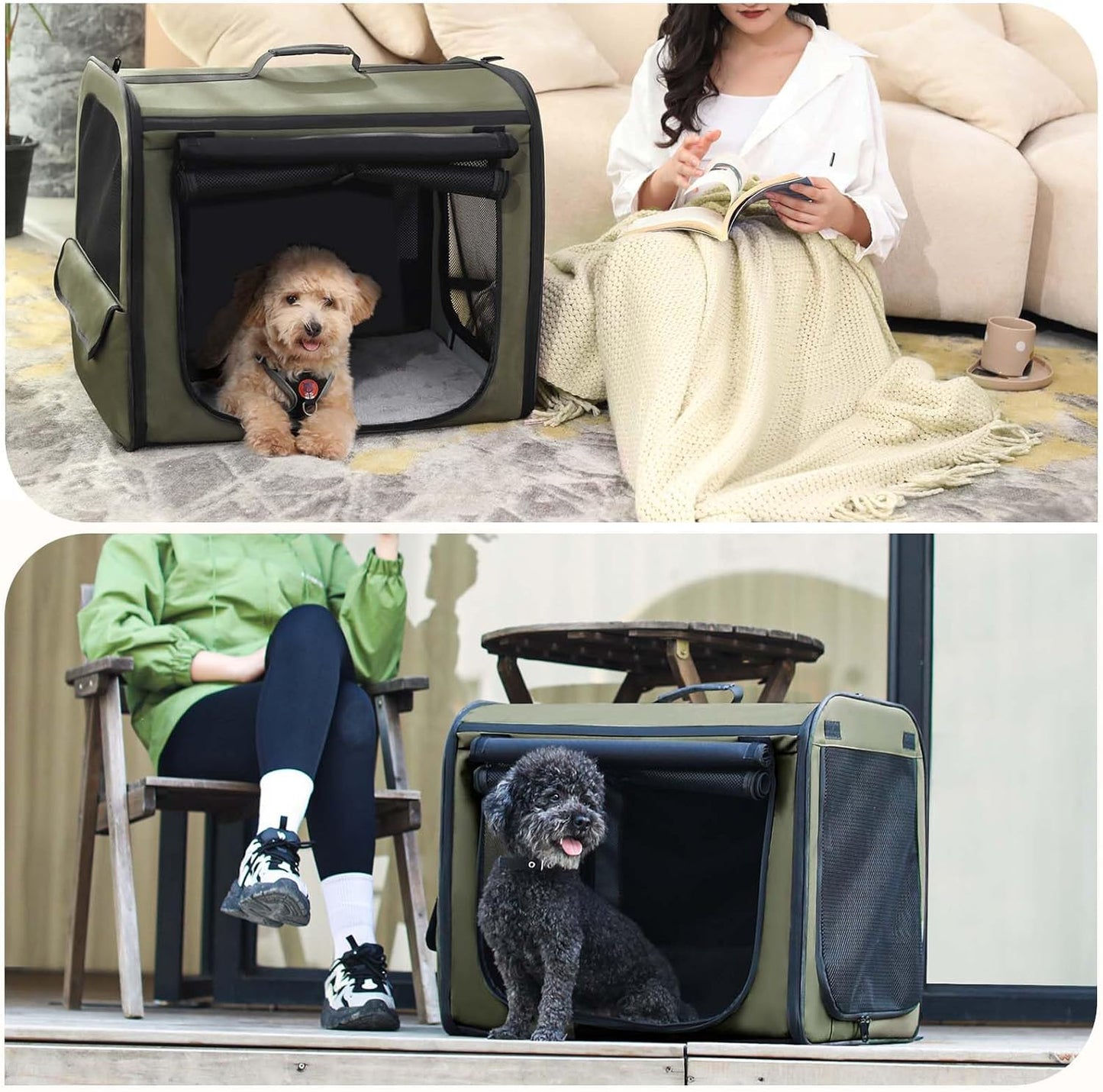 Dog Crate Foldable, Dog Car Seat, 61×45×52 Cm, Dog Carrier with Lockable Zipper and Adjustable Safety Strap for Indoor, Outdoor, and Car Use; Can Be Used as a Pet House, Pet Tent (Green)