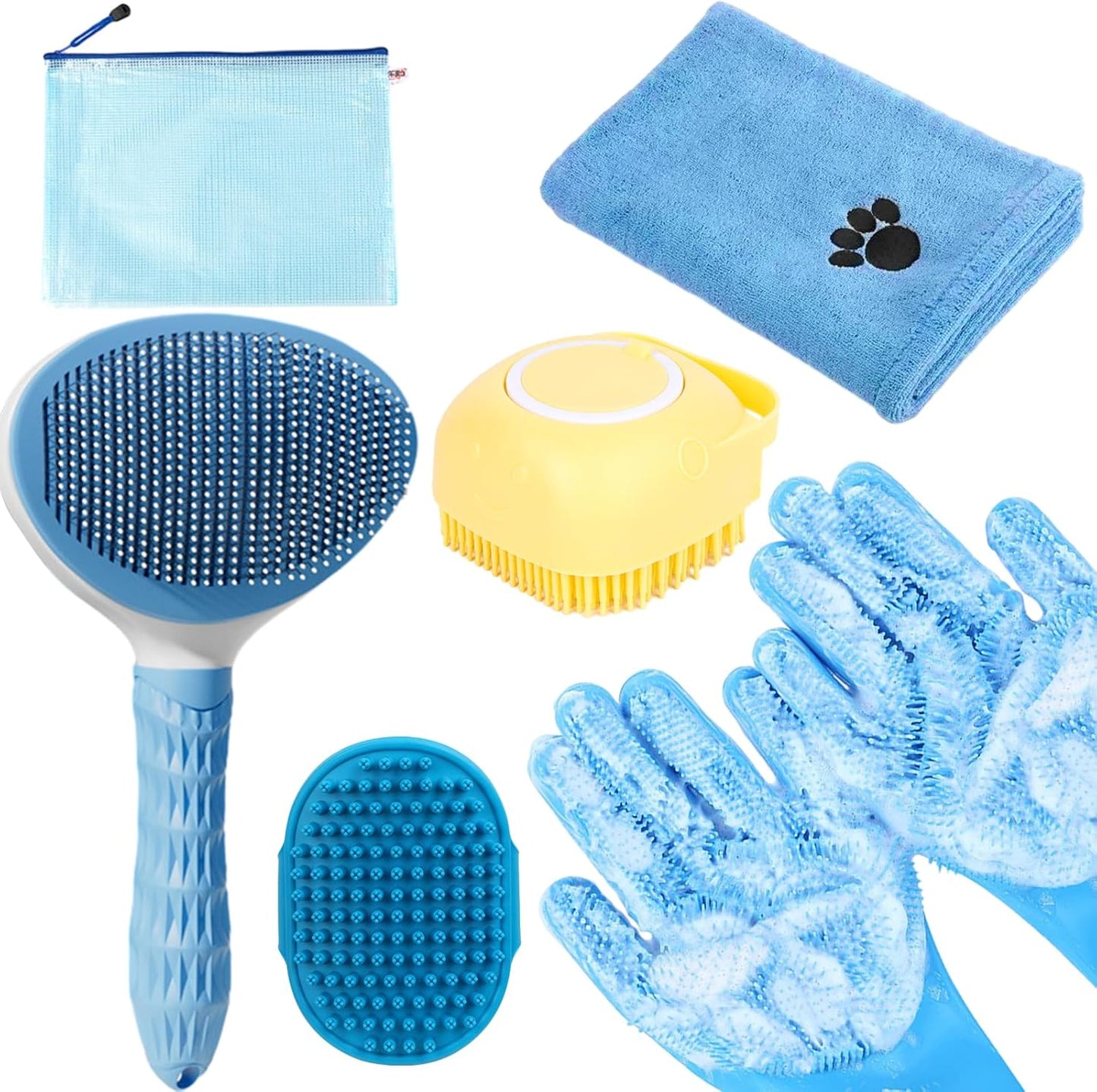 Dog Bath Brush Kit with Dog Towel & Dog Washing Gloves,6 in One Bag Dog Slicker Hair Grooming Brush for Shedding Grooming，Dog Shedding Shampoo Scrubber Brush for Dogs Cats Bath Grey