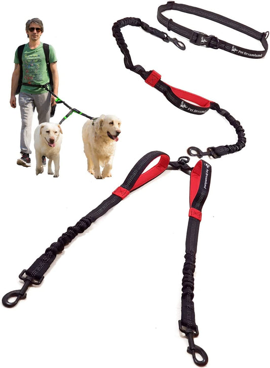 Exquisite Double Hands Free Leash for Large Dogs - Dog Leash 2 Dogs - Waist Dog Leash for Large Dogs - Two Dog Leash for Large Dogs - Hands Free Running Dog Leash (Large, Black & Red)