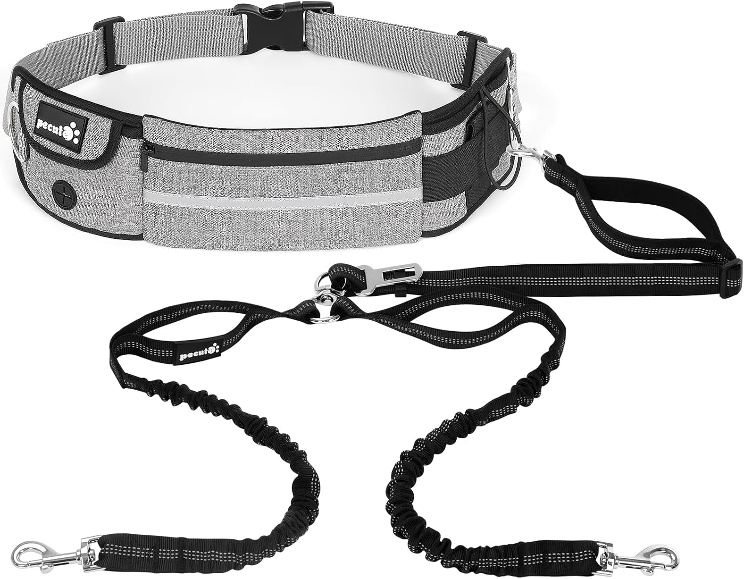 Hands Free Dog Leash 2 Dogs, Waist Belt Fanny Pack with Soft Padded, Dual Dog Leash with Pouch, 3 Padded Handles, Durable Bungee, Double Dog Leash for Running Walking Hiking Jogging Biking