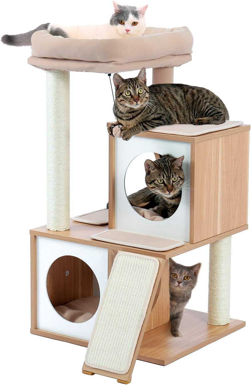 34 Inches Cat Tree Multilevel Cat Tower with Double Condos, Spacious Perch, Fully Wrapped Scratching Sisal Post and Replaceable Dangling Balls Gray