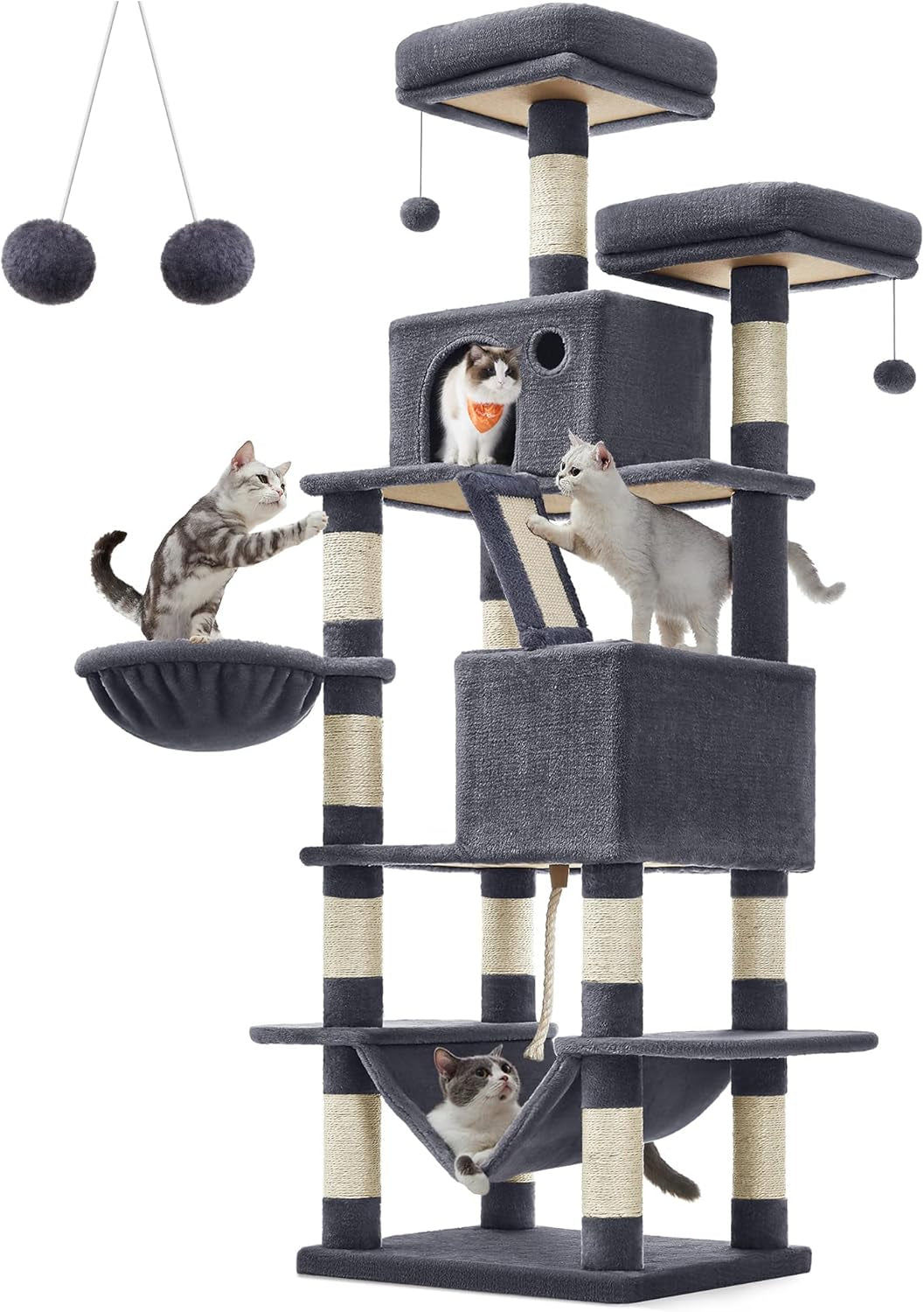 Cat Tree, 81.1-Inch Large Cat Tower with 13 Scratching Posts, 2 Perches, 2 Caves, Basket, Hammock, Pompoms, Multi-Level Plush Cat Condo for Indoor Cats, Smoky Gray UPCT190G01